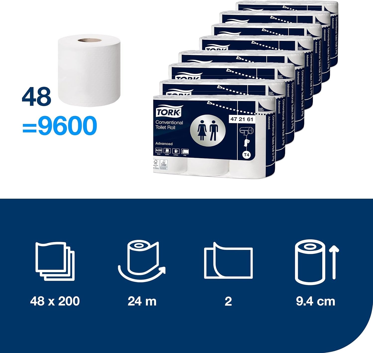 Papier toilette Tork petit rouleau blanc T4, avancé, 2 épaisseurs, 48 ​​× 200 feuilles, 472161