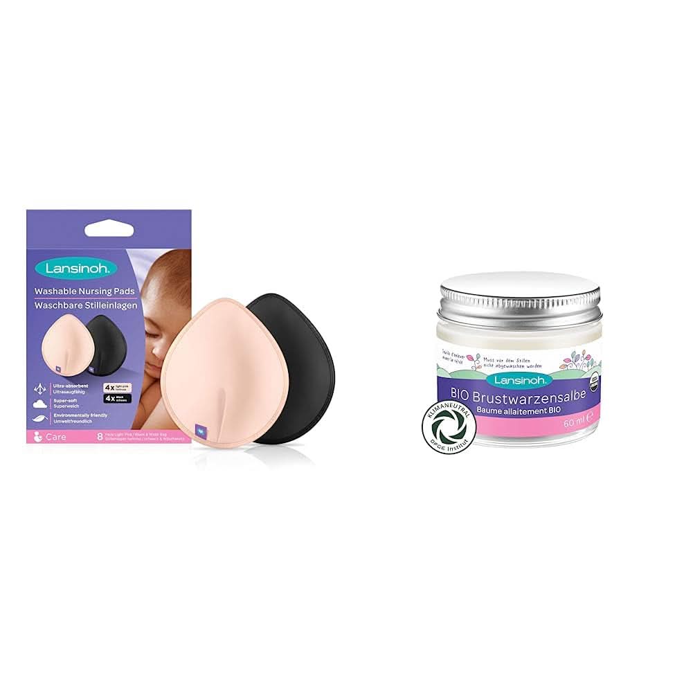 Lansinoh Coussinets d'allaitement lavables rose clair et noir - 8 pièces, Pommade tétine ultra absorbante et BIO Accessoires Alimentation et Allaitement Bebe Naty Shop