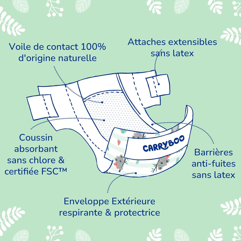 - Couche taille 4 (7 – 18 kg) – pour peaux sensibles – naturelle et très absorbante – étanche 12 heures – ohne unerwünschte Inhaltsstoffe – fabriquée en France – 132 couches