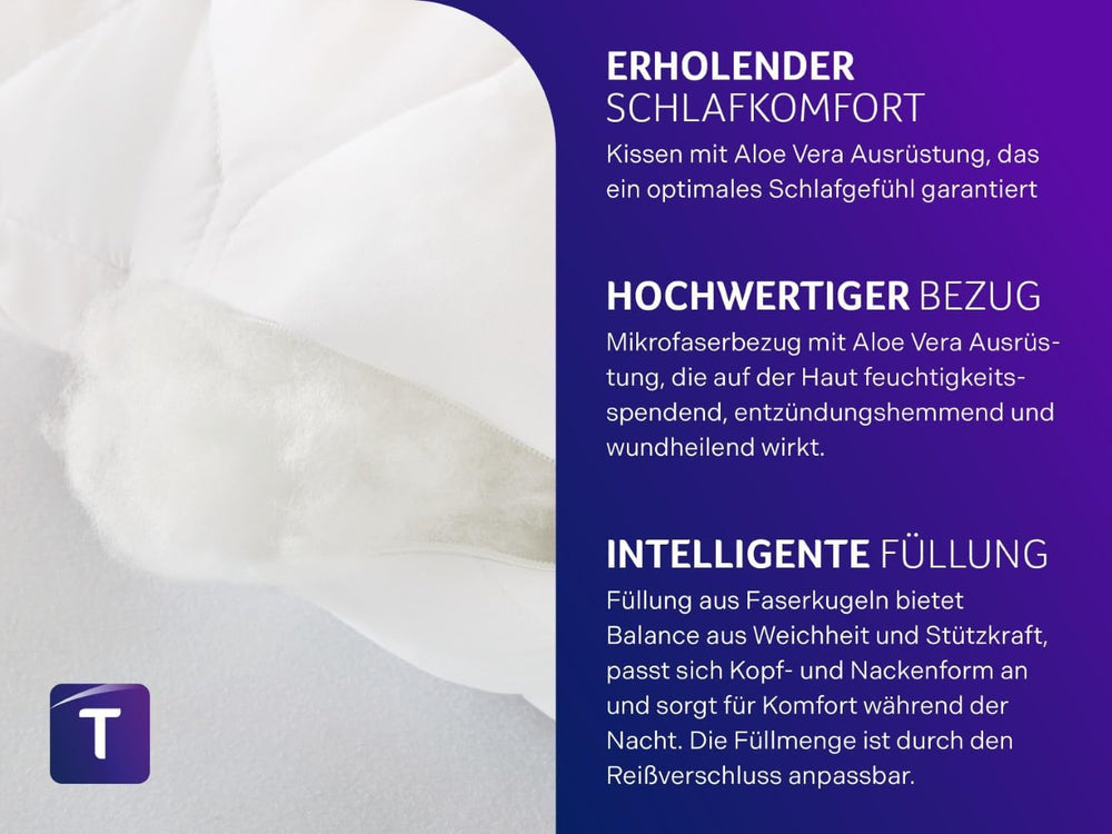 Oreiller Traumnacht à l'aloe vera avec housse confortable en microfibre douce et velours, 40X80 cm, certifié Oeko-Tex, produit selon la norme de qualité allemande Oreillers standard Naty Shop
