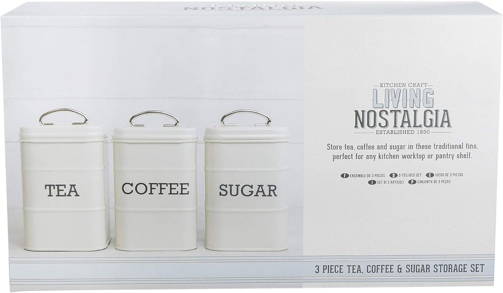 KitchenCraft Living Nostalgia Lot de 3 pots de conservation pour thé, sucre et café dans une boîte cadeau, acier, crème antique, 11 cm x 11 cm x 17 cm, boîtes de conservation alimentaires bleues vintage Naty Shop