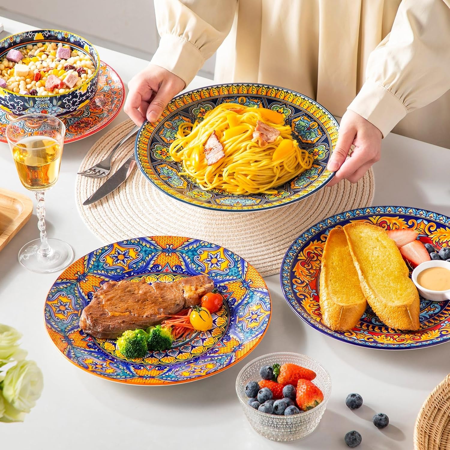 Service d'assiettes pour 6 personnes, service d'assiettes vancasso KRVI pour 6 personnes, service d'assiettes Ø 27 cm, passe au lave-vaisselle et au micro-ondes, assiettes à pâtes, assiettes à petit-déjeuner, assiettes à gâteaux