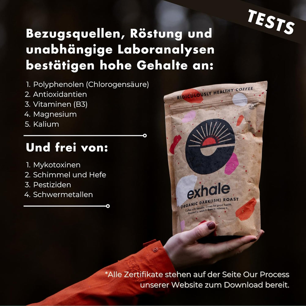EXHALE Bio GANZE BOHNEN – Dunkel Gerösteter Kaffee – Emballage 450g – Sans mykotoxines et sain pour le café Bulletproof – Origine unique et 100% Arabica Bohnen