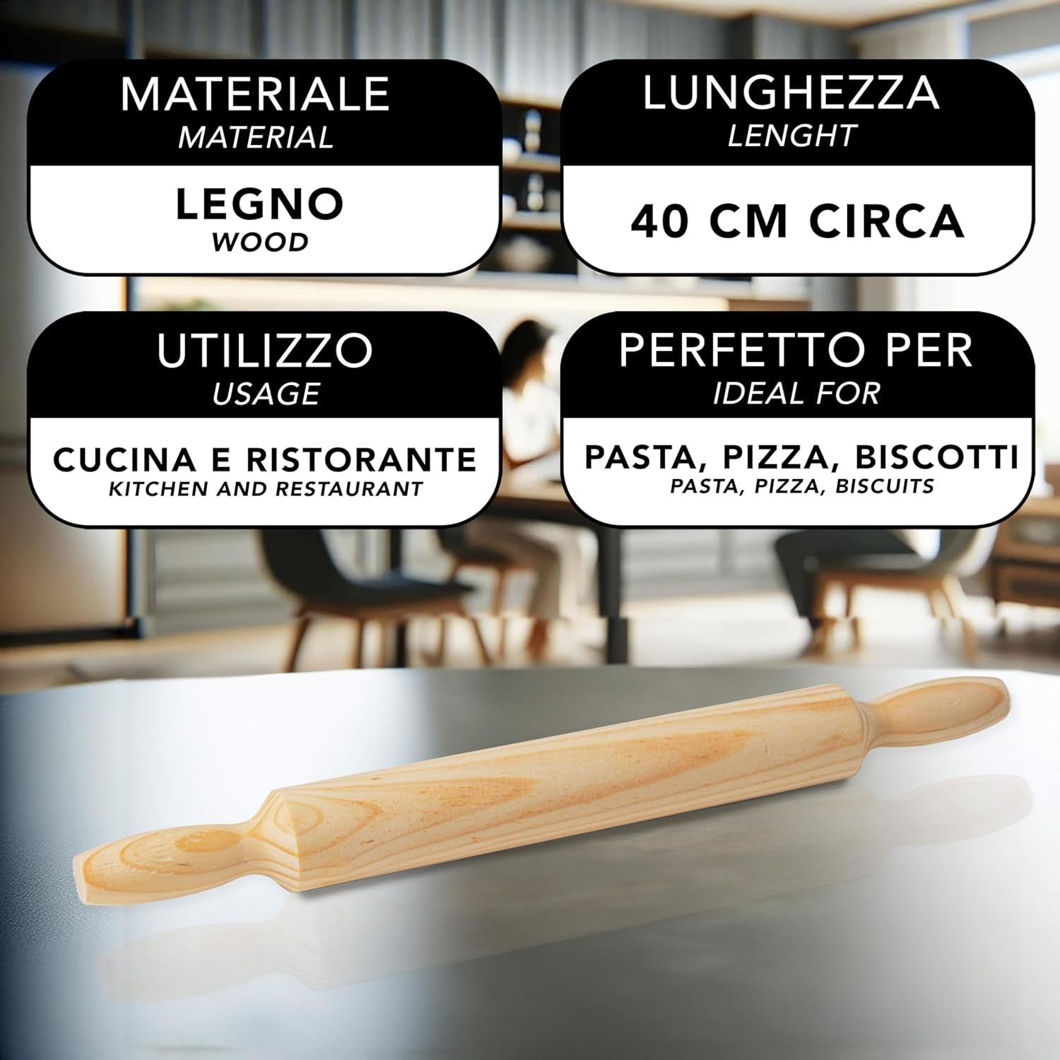 Rouleau à pâtisserie en bois avec poignées - 40 cm x 4 cm - Rouleau à pâtisserie antiadhésif pour étaler et pétrir pâtes fraîches, pizza, biscuits, raviolis, gâteaux, pâtisseries - utile en cuisine