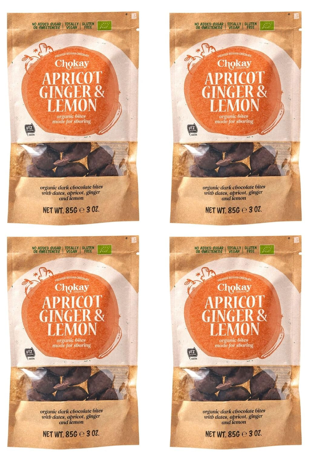 Ensemble de 4 bouchées biologiques - Amandes à la cannelle/Amandes à la cannelle dans du chocolat noir belge/Sans sucre ajouté, sans édulcorants/VEGAN & FAIR COMMERCE / 4 x 85g