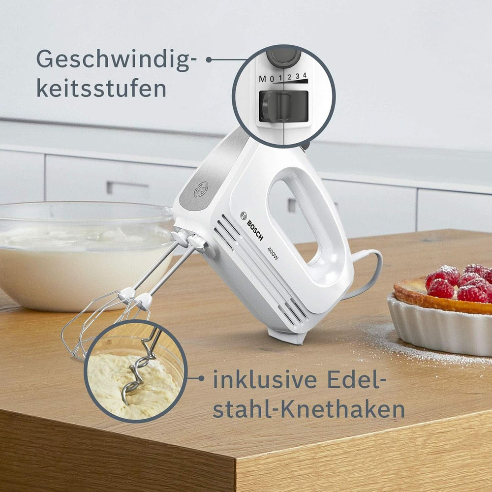 Bosch Hausgeräte Handrührer Clevermixx MFQ24200, 2 Rührbesen, 2 Spülmaschinengeeignet, 4 Stufen, Leicht, Leise, 400 W Blanc/Edelstahl Cuisine Naty Shop