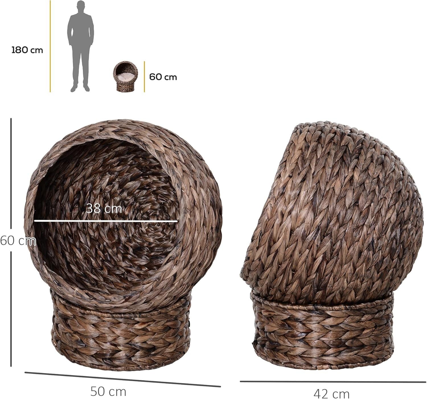 PawHut Rattan Katzenkorb Katzenhöhle Katzenhütte Katzenbett mit Kissen Haustierbett Wasserhyazinthe Kaffee 50 x 42 x 60 cm