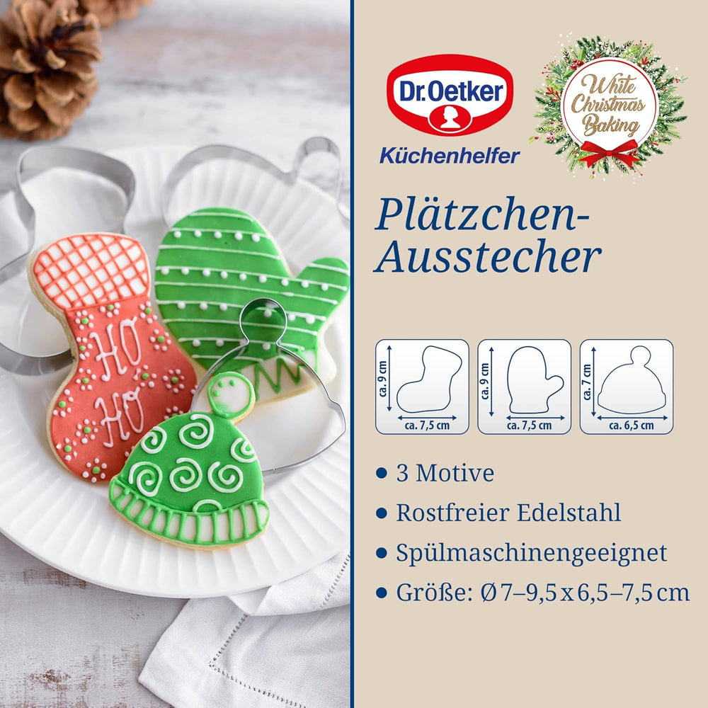 Dr. Oetker Lot de 3 emporte-pièces de Noël – Emporte-pièces blancs pour la pâtisserie de Noël – Emporte-pièces en acier inoxydable pour Noël