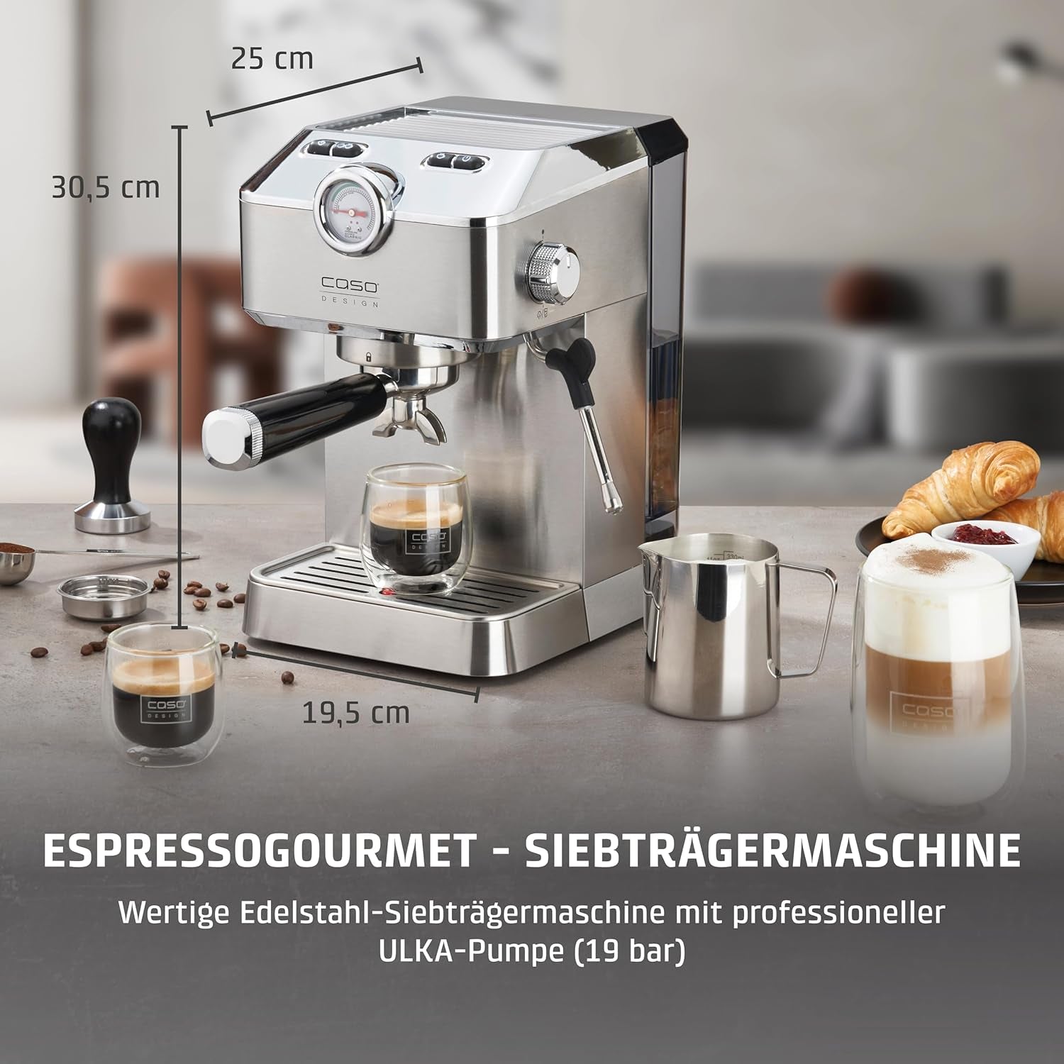 Caso Espresso Gourmet - Machine à expresso porte-filtre en acier inoxydable, puissante pompe Ulka 19 bars, avec mousseur à lait, pour café moulu ou capsules de café ESE, pour 2 tasses, avec chauffe-tasses