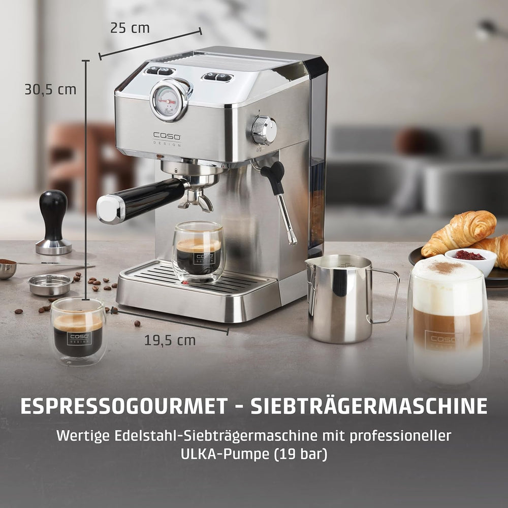 Caso Espresso Gourmet - Machine à expresso porte-filtre en acier inoxydable, puissante pompe Ulka 19 bars, avec mousseur à lait, pour café moulu ou capsules de café ESE, pour 2 tasses, avec chauffe-tasses