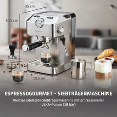 Caso Espresso Gourmet - Machine à expresso porte-filtre en acier inoxydable, puissante pompe Ulka 19 bars, avec mousseur à lait, pour café moulu ou capsules de café ESE, pour 2 tasses, avec chauffe-tasses