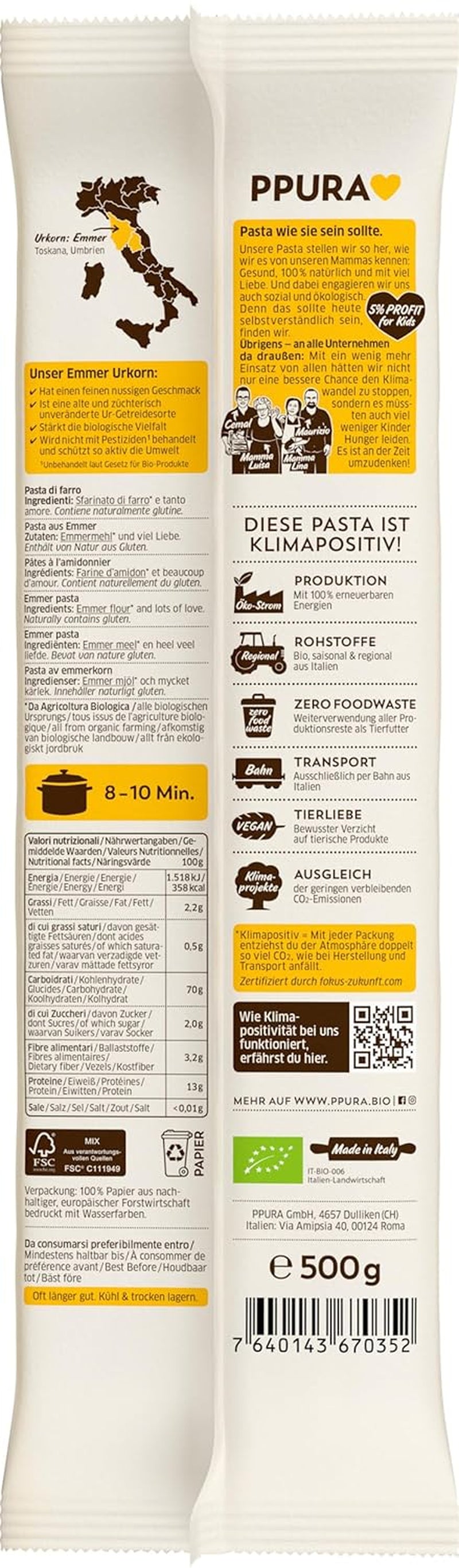 PPURA Pâtes Spaghetti Bio à l'Emmer 500g, Spaghettis à l'Emmer 100% naturels, fabriqués en Italie - Pâtes italiennes sans additifs, colorants ni conservateurs