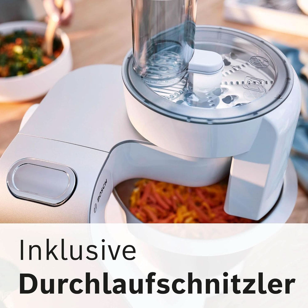 Machine à cuisiner Serie 4 MUM58210, Edelstahl-Schüssel 3,9 L, Planetenrührwerk, Patisserie-Set Aus Edelstahl, Knethaken, Schlagbesen, Rührbesen, Durchlaufschnitzler, 3 Scheiben, 1000 W, Weiß/Silber Mother and Child Naty Shop
