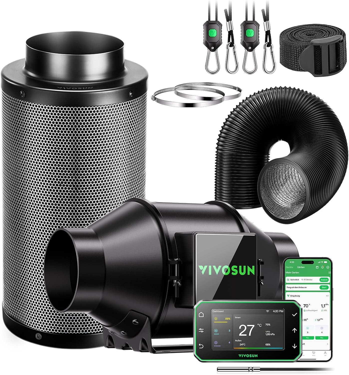 VIVOSUN Kit de ventilateur/échappement intelligent AeroZesh G4 100 mm avec GrowHub E42A+, contrôleur de température et d'humidité, télécommande WiFi/App, filtre à charbon actif et tuyau pour tentes de culture et culture hydroponique