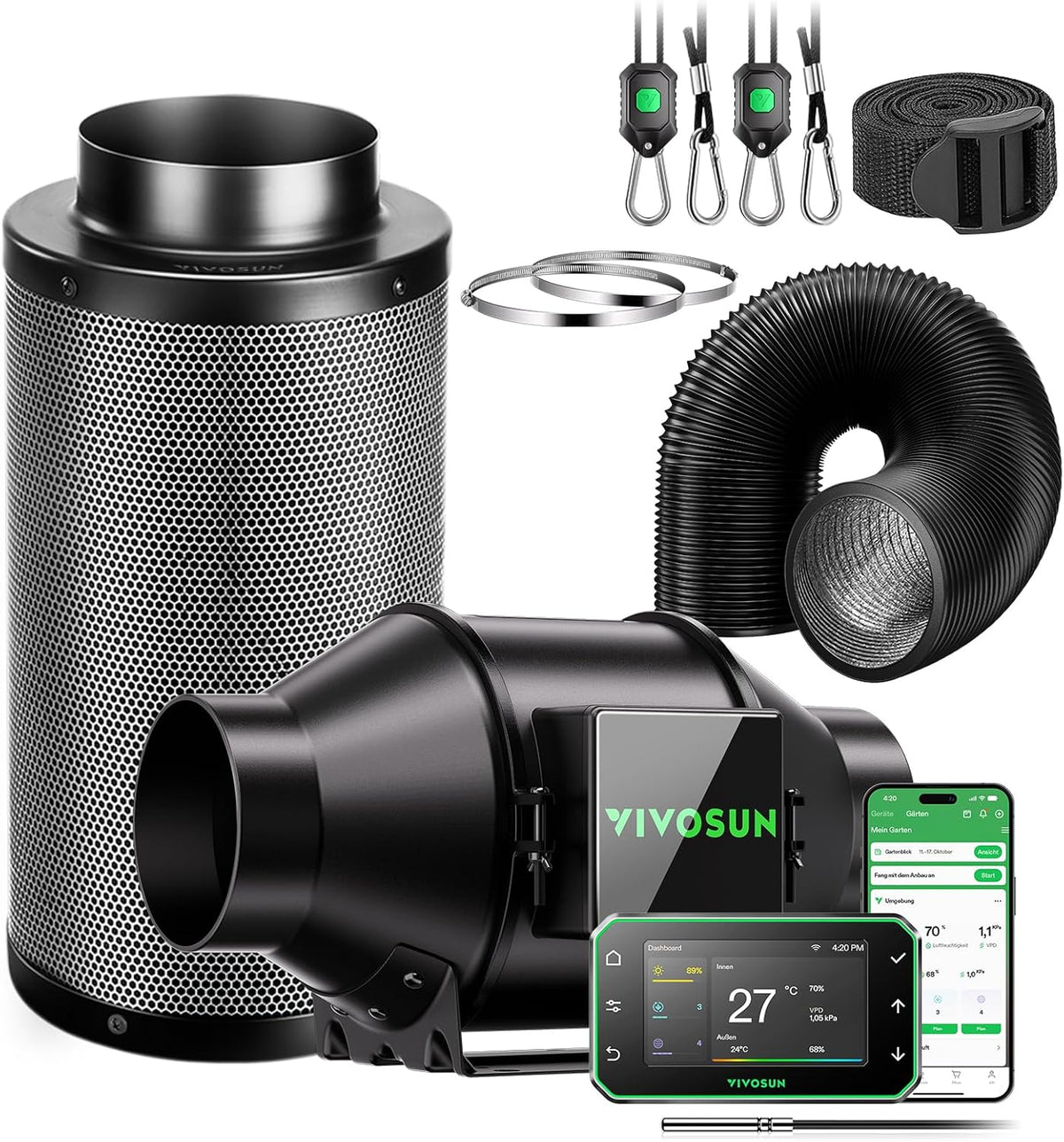 VIVOSUN Kit de ventilateur/échappement intelligent AeroZesh G4 100 mm avec GrowHub E42A+, contrôleur de température et d'humidité, télécommande WiFi/App, filtre à charbon actif et tuyau pour tentes de culture et culture hydroponique