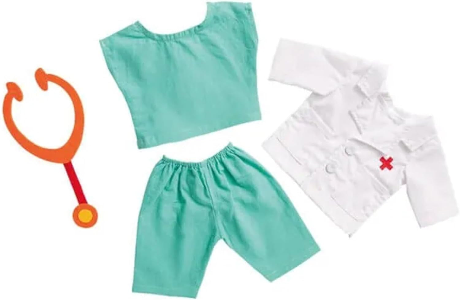 Heless 1653 - Ensemble de vêtements de poupée, costume de médecin 4 pièces avec pantalon, chemise, blouse de médecin et stéthoscope, taille 28 - 35 cm