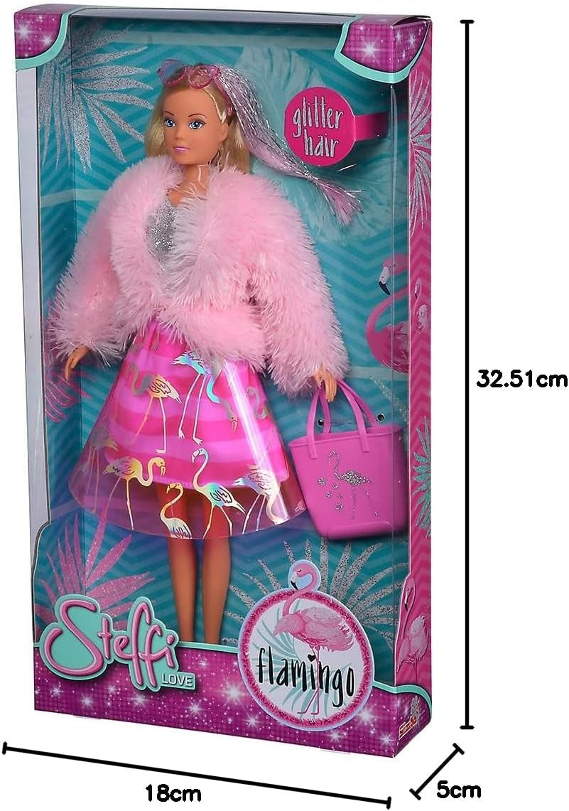 Simba Love Flamingo, Poupée de cheville dans une tenue moderne, Felljacke, Glitzerrock et Handtasche, Poupée 29 cm, à partir de 3 ans, 105733559