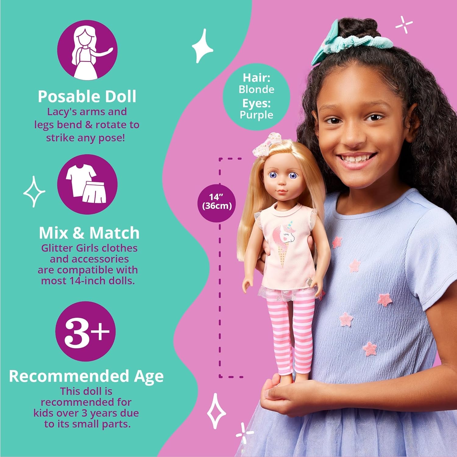 Glitter Girls - Lacy - 36 cm Modepuppe - Blondes Haar & Violette Augen - Poseable Arme & Beine - Einhorn-Eiscreme-Outfit - 3 Jahre +