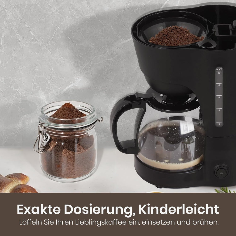 Cafetière filtre 1,25 L pour 10 tasses de café filtre, carafe en verre lavable au lave-vaisselle, thermos, système anti-goutte, arrêt automatique, 600 W, protection contre l'ébullition sans eau pour la maison et le bureau