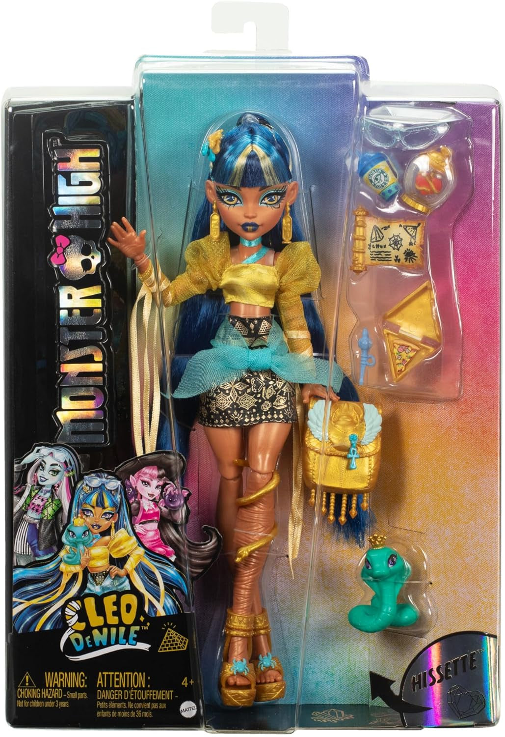 Monster High Cleo De Nile Puppe in goldener Bluse und mehrlagigem Rock, enthält Haustier-Kobra Hissette und Accessoires wie Rucksack, Snack und Papierrolle, HXH74