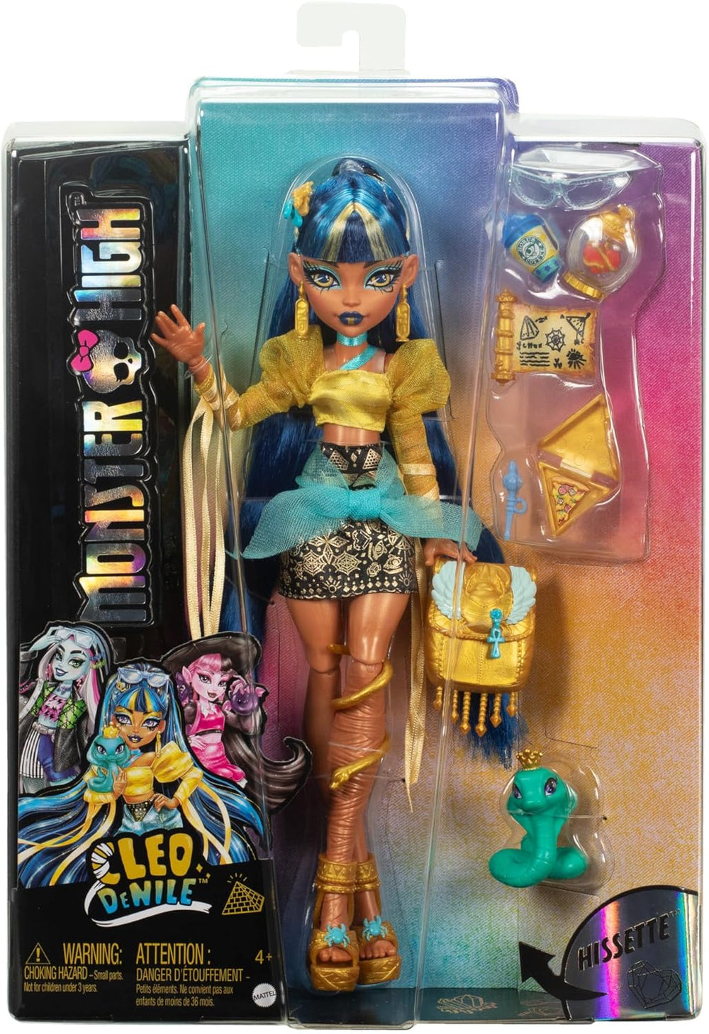 Monster High Cleo De Nile Puppe in goldener Bluse und mehrlagigem Rock, enthält Haustier-Kobra Hissette und Accessoires wie Rucksack, Snack und Papierrolle, HXH74