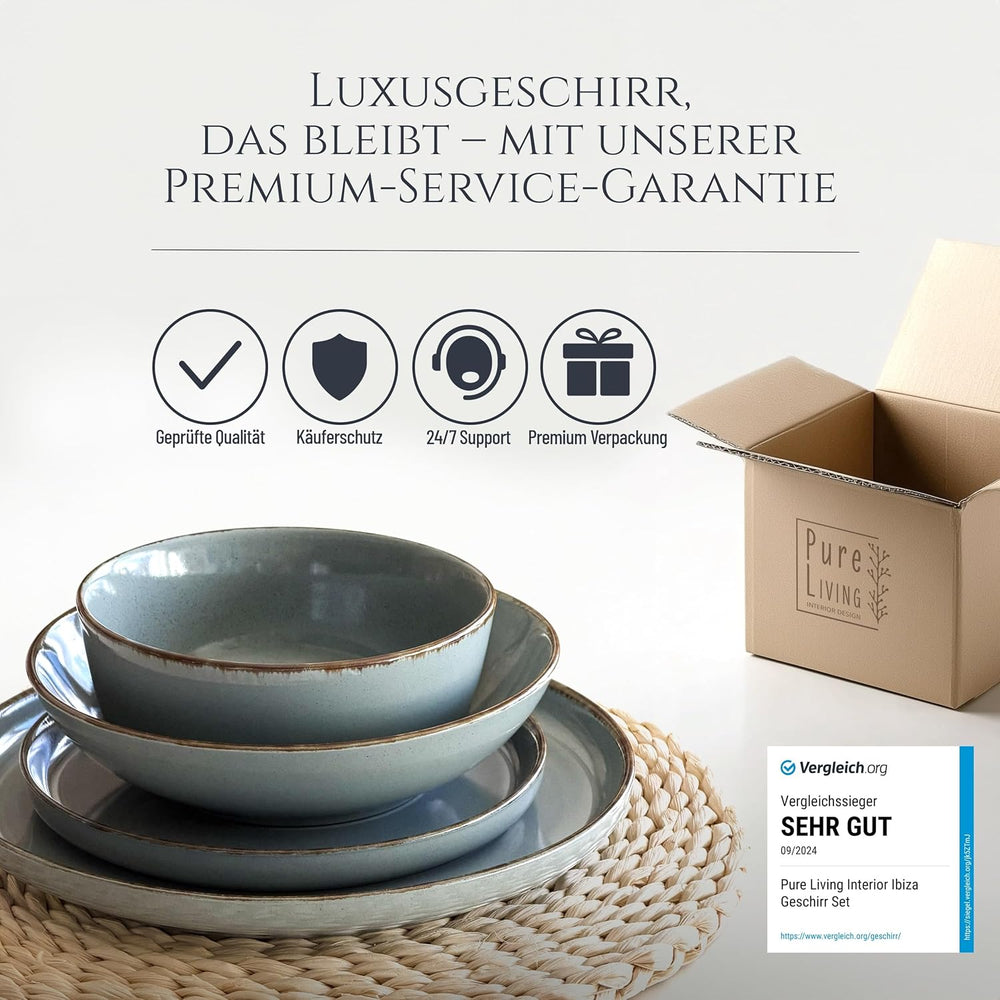 Steingut Geschirrset 6 Personen Rustique 24 tlg. TESTSIEGER, Hochwertiges Landhaussttil Steingut Geschirr Set, Schüssel- und Teller Set, Tafelservice 6 Personen, Geschirrsets Pure Living à Rauchblau