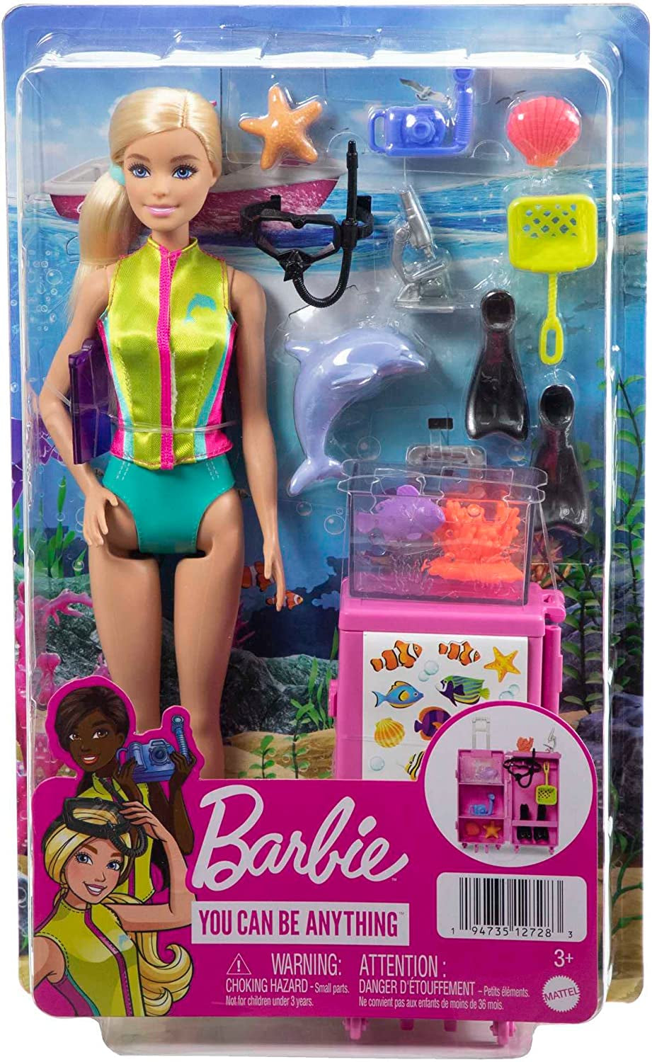 Barbie série You Can Be Anything, biologiste marin, 1x poupée aux cheveux blonds, maillot de bain, dauphin, accessoires, cadeau pour enfants, jouet à partir de 3 ans, HMH26