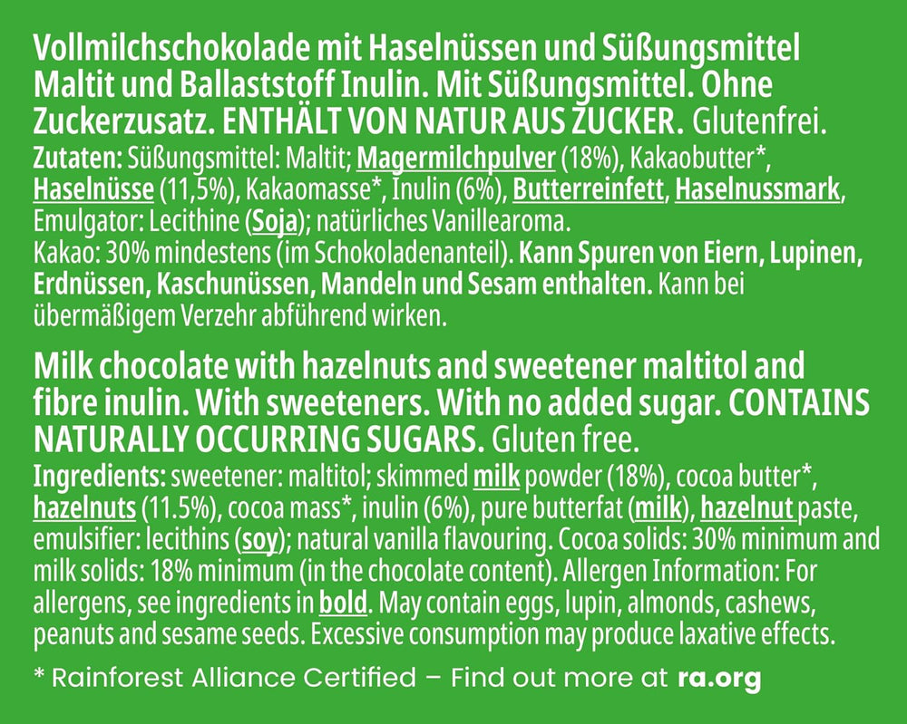 frankonia CHOCOLAT SANS SUCRE AJOUTÉ Chocolat aux noisettes, sans gluten, 85 g