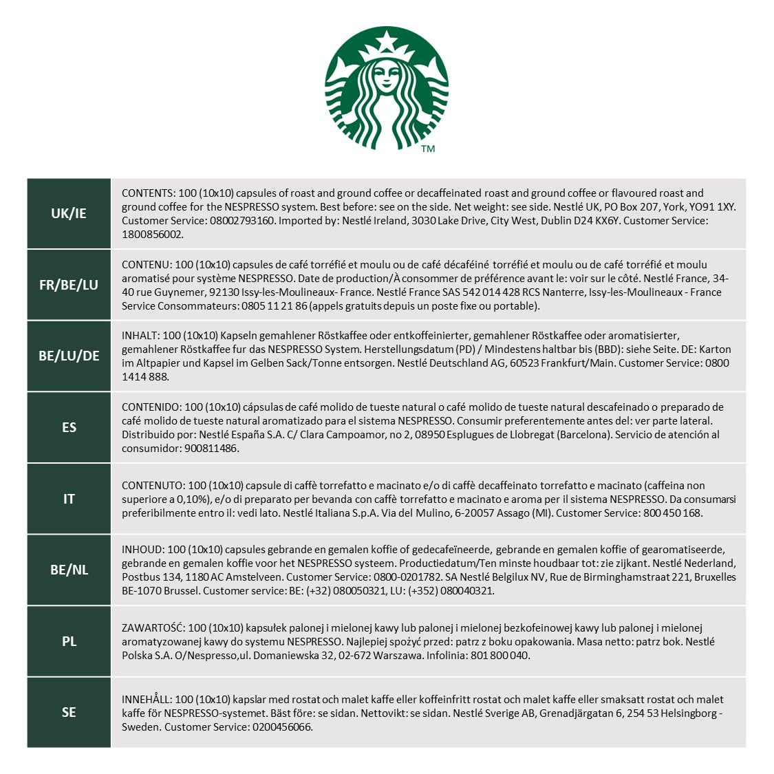 STARBUCKS Espresso Roast Entkoffeiniert by Nespresso, Dunkle Röstung, Kaffeekapseln 10 x 10 (100 Kapseln)