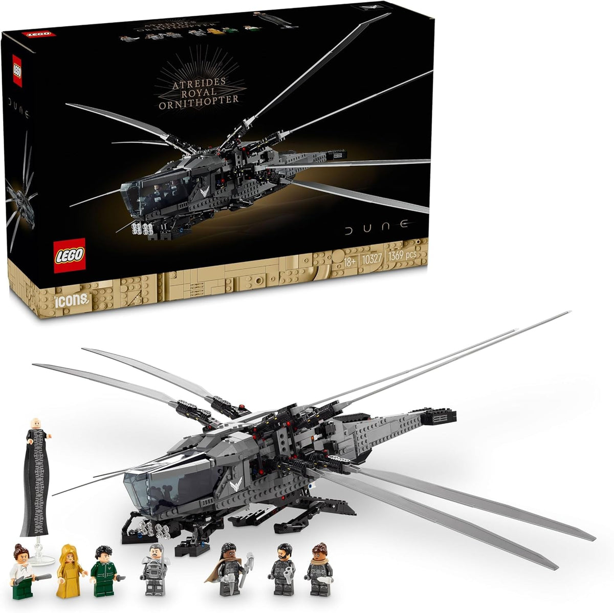 LEGO 10327 Icons Dune Atreides Royal Ornithopter, set de colecționat pentru adulți, cadou de film pentru bărbați, femei și fani, aeronavă model cu 8 figuri, inclusiv Paul Atreides și baronul Harkonnen Seturi de constructie Besuche den LEGO-Store Singur