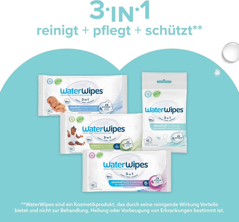 Lingettes humides WaterWipes Sensitive+ On The Go, 100 lingettes (paquet de 10), 3 en 1 nettoie, soigne, protège, 99,9 % d'eau, lingettes sans parfum