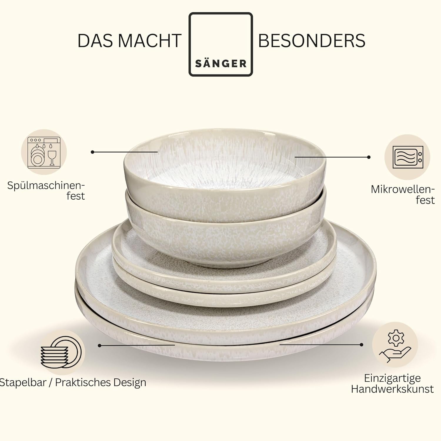 SANGER | Service de table Corfou 24 pièces, service de table pour 8 personnes, service de table en céramique fait à la main, comprenant assiettes à dîner, assiettes à dessert et assiettes Suma, vaisselle crème avec texture sable