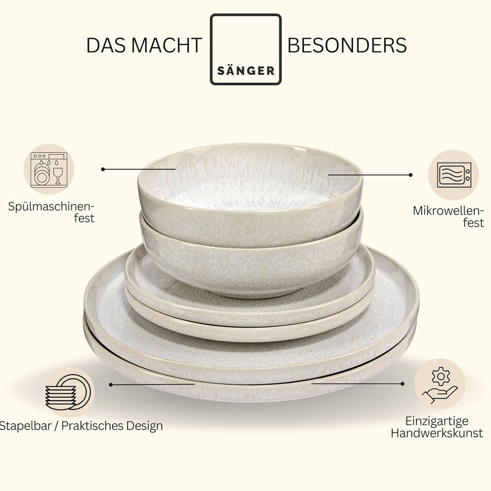 SANGER | Service de table Corfou 24 pièces, service de table pour 8 personnes, service de table en céramique fait à la main, comprenant assiettes à dîner, assiettes à dessert et assiettes Suma, vaisselle crème avec texture sable