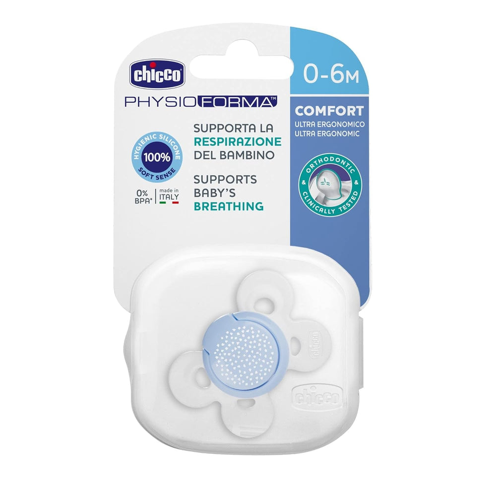 Chicco PhysioForma Comfort Sucette 16-36 mois, Sucette pour bébé avec tétine en silicone, 1 pièce, favorise la respiration physiologique et le développement buccal correct, Bleu