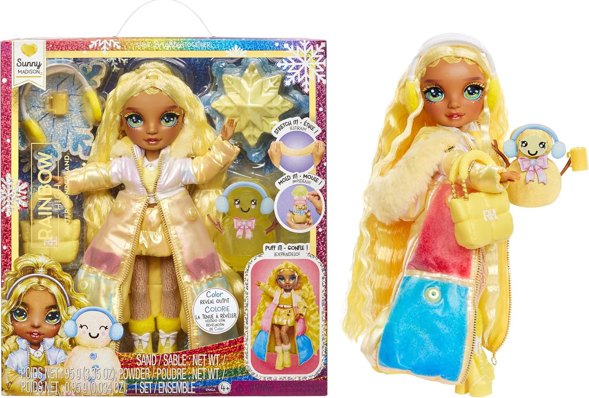 Rainbow High Winter Wonderland - Sunny (Jaune) - Poupée mannequin bonhomme de neige gonflable à l'eau magique cachée de 28 cm avec ensemble de bonhomme de neige, convient aux enfants et aux collectionneurs de 4 à 12 ans