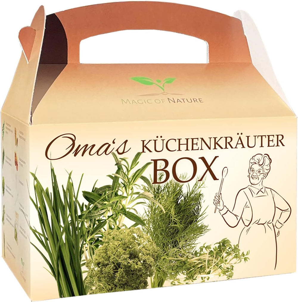 Magic of Nature Oma's Küchenkräuter Box - Anzuchtset - 5 Sorten frische Kräuter Samen - Zum Selberzüchten oder zum Verschenken