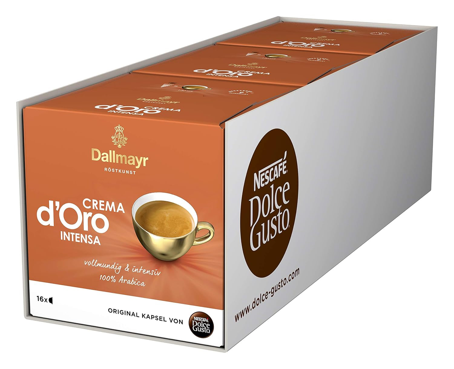 Dallmayr Crema d´Oro, XXL-Vorratsbox & Dallmayr Crema d´Oro intensa (48 capsules de café, intensité 9 sur 12, 100 % Arabica de Bohême), paquet de 3 (3x16 capsules)