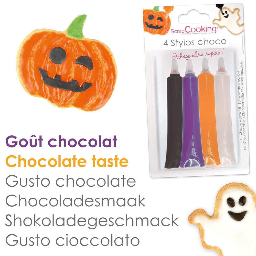 Scrapcooking - Lot de 4 Stylos Chocolat Halloween - Noir, Orange, Violet et Blanc, Écrivez et dessinez sur les Desserts, Gâteaux et Biscuits Naty Shop