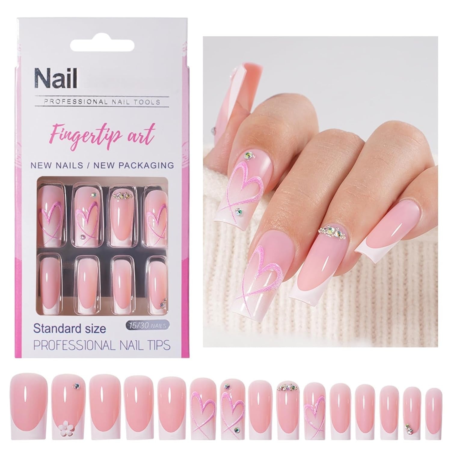 30pcs Faux Ongles Français - Colle sur Ongles Artificiels - Ongles en Gel Doux pour Femme - Ongles Adhésifs Acryliques Manucure Carrée (Rose Français)