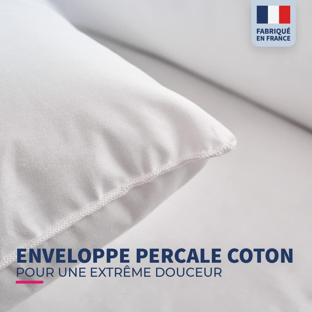 Bleu Câlin Lot de 2 Oreillers Confort Ferme "Alaska", Super Garnissage, Enveloppe Percale 100% Coton, Blanc, 65 X 65 cm Forme Carrée Naty Shop Oreillers Standard