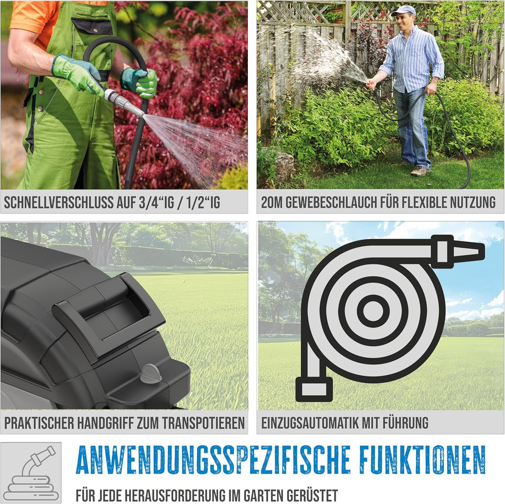 Enrouleur de tuyau automatique Güde 20-2-2 1/2 (pour montage mural, rotation à 180°, tuyau de 20 m, jet d'eau, support mural, enroulement automatique, butée d'enroulement, poignée de transport, 2 raccords rapides)