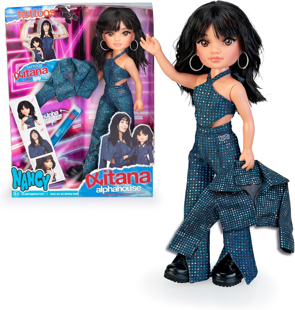 Aitana Alphahouse, Puppe als Sängerin, dunkle Mähne mit geschichtetem Schnitt, Set entworfen von JC Pajares, Tattoo-Blatt von Aitana, Echtheitszertifikat, 3+ Jahre, berühmt (NAC85000)