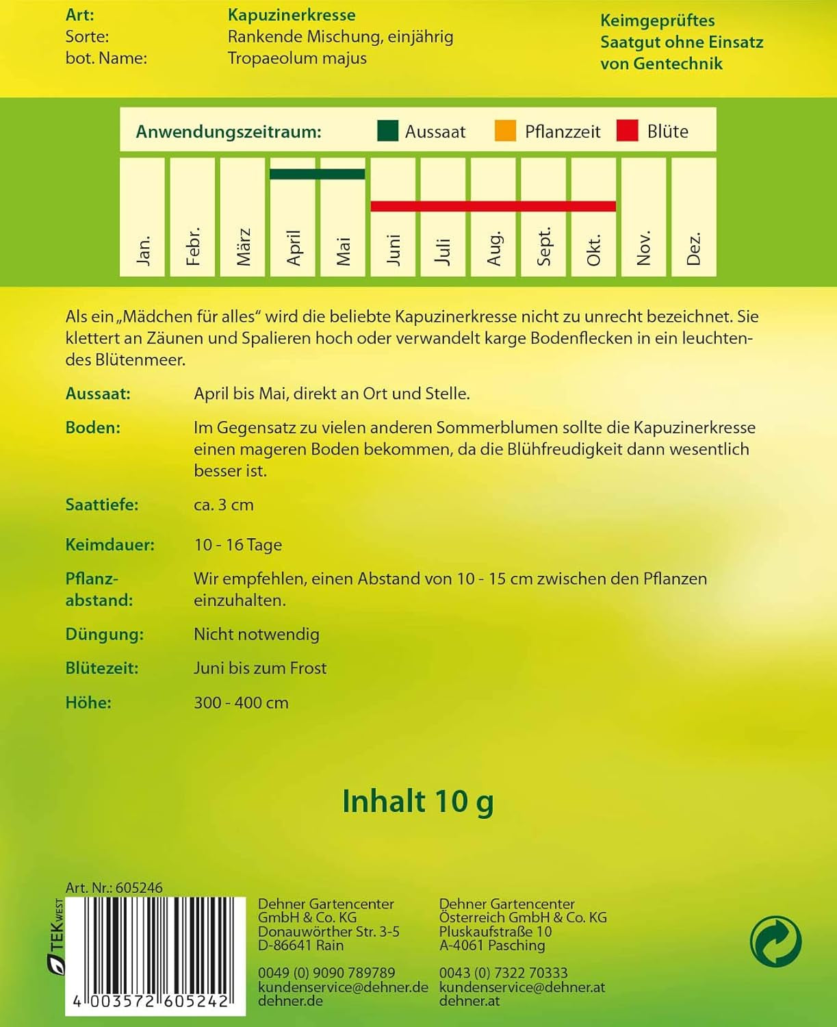 Dehner Blumen-Saatgut, Kapuzinerkresse, "Rankende Mischung", 5Er Pack (5 X 10 G)