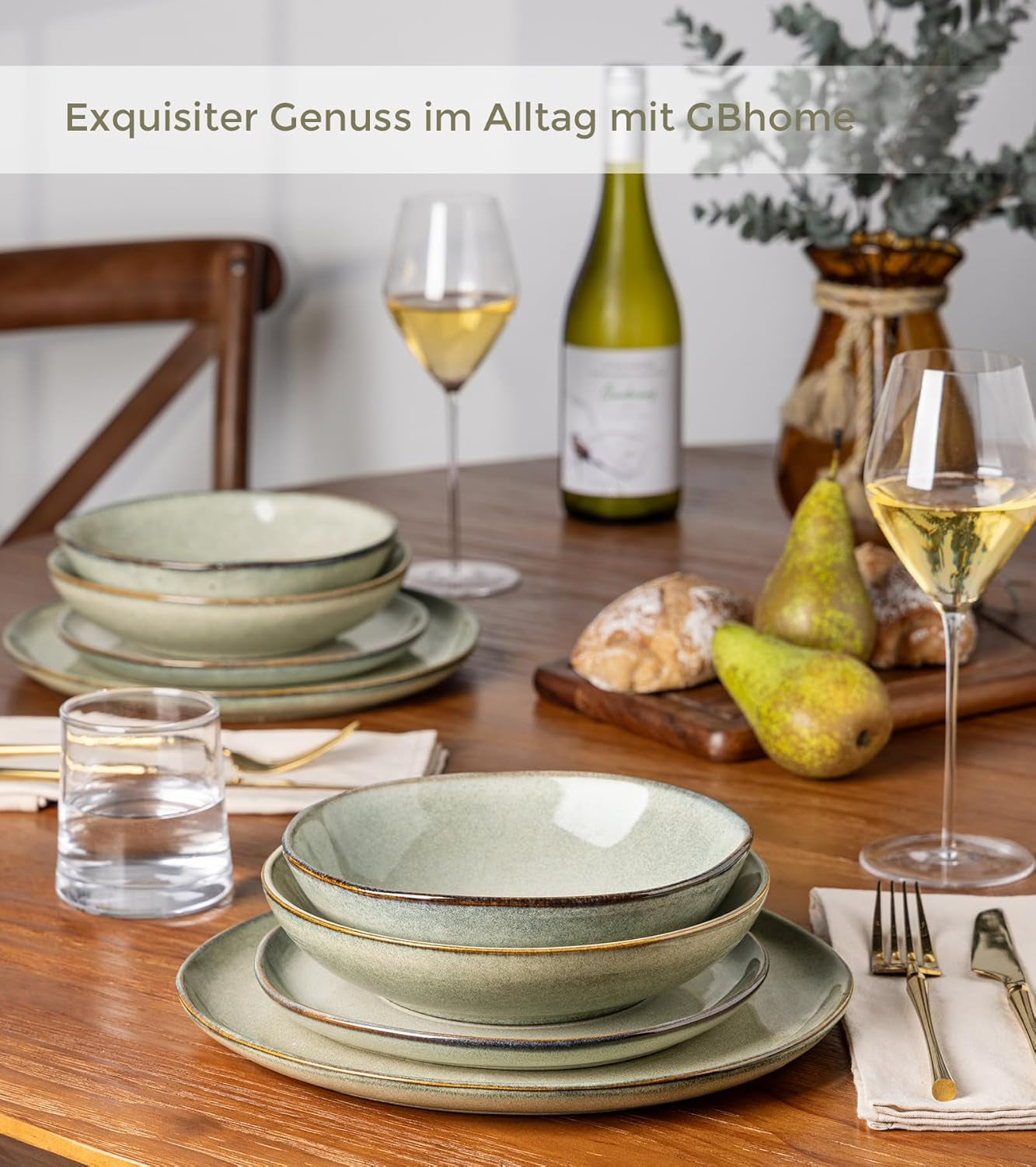 GBhome Service de table en céramique pour 6 personnes, 24 pièces, vernis réactif, fait à la main, passe au micro-ondes et au lave-vaisselle, ensemble de bols et d'assiettes Desret Sage GDW007GY-24P-EU