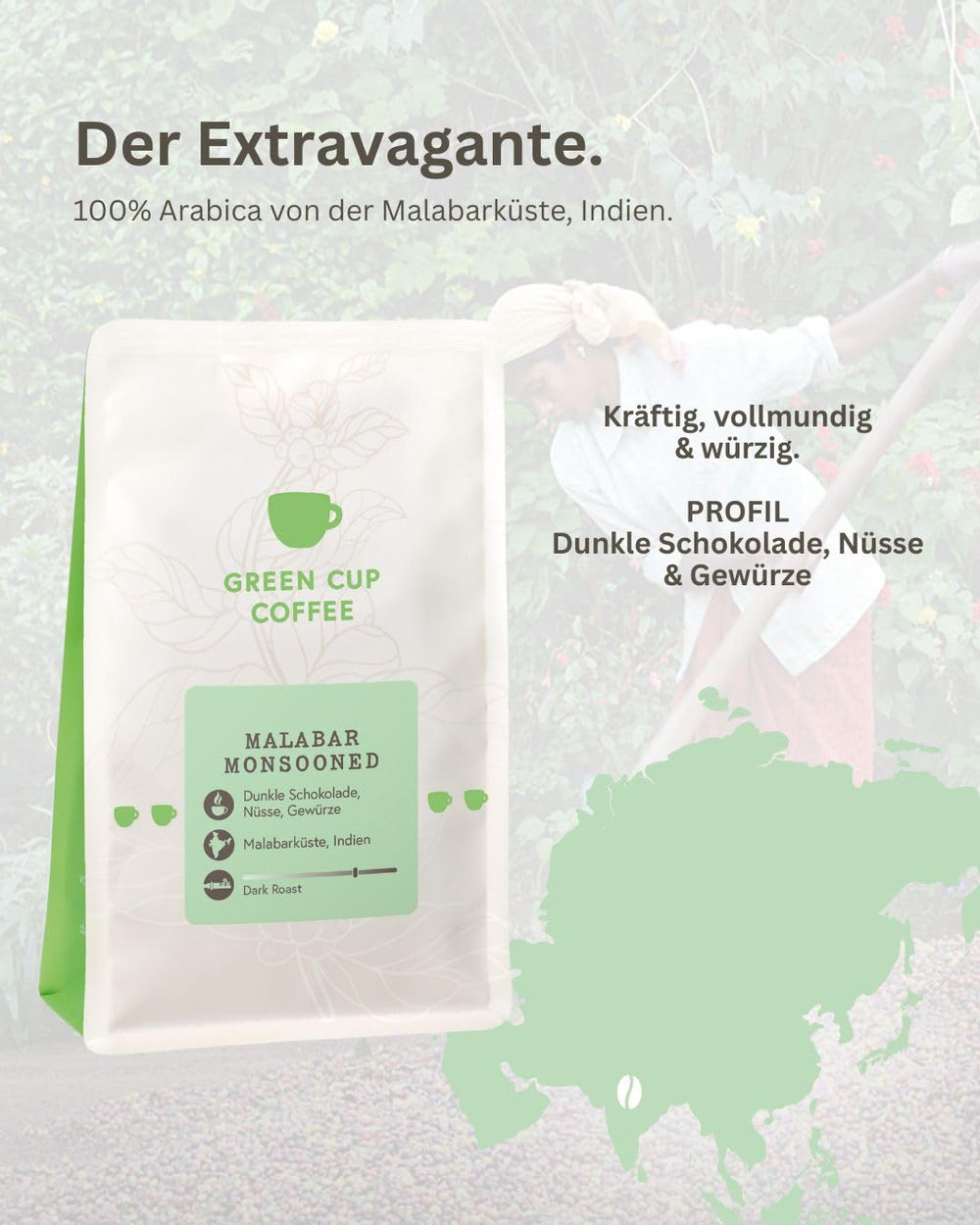 Café - Malabar Monsoon I 100% Arabica I Kaffeebohnen 1kg I Idéal pour Moka kanne, Siebträger & Vollaautomat mit schokoladig, nussigen Aroman I dunkle Röstung