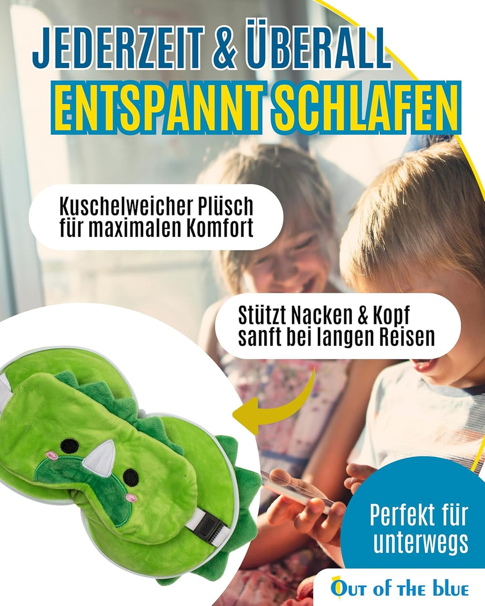 Pernă de călătorie din pluș cu dinozaur pentru copii, cu mască pentru ochi – Pernă de gât moale 2 în 1 pentru copii – Pernă de călătorie confortabilă pentru mașină, tren și avion – Lavabilă și care economisește spațiu