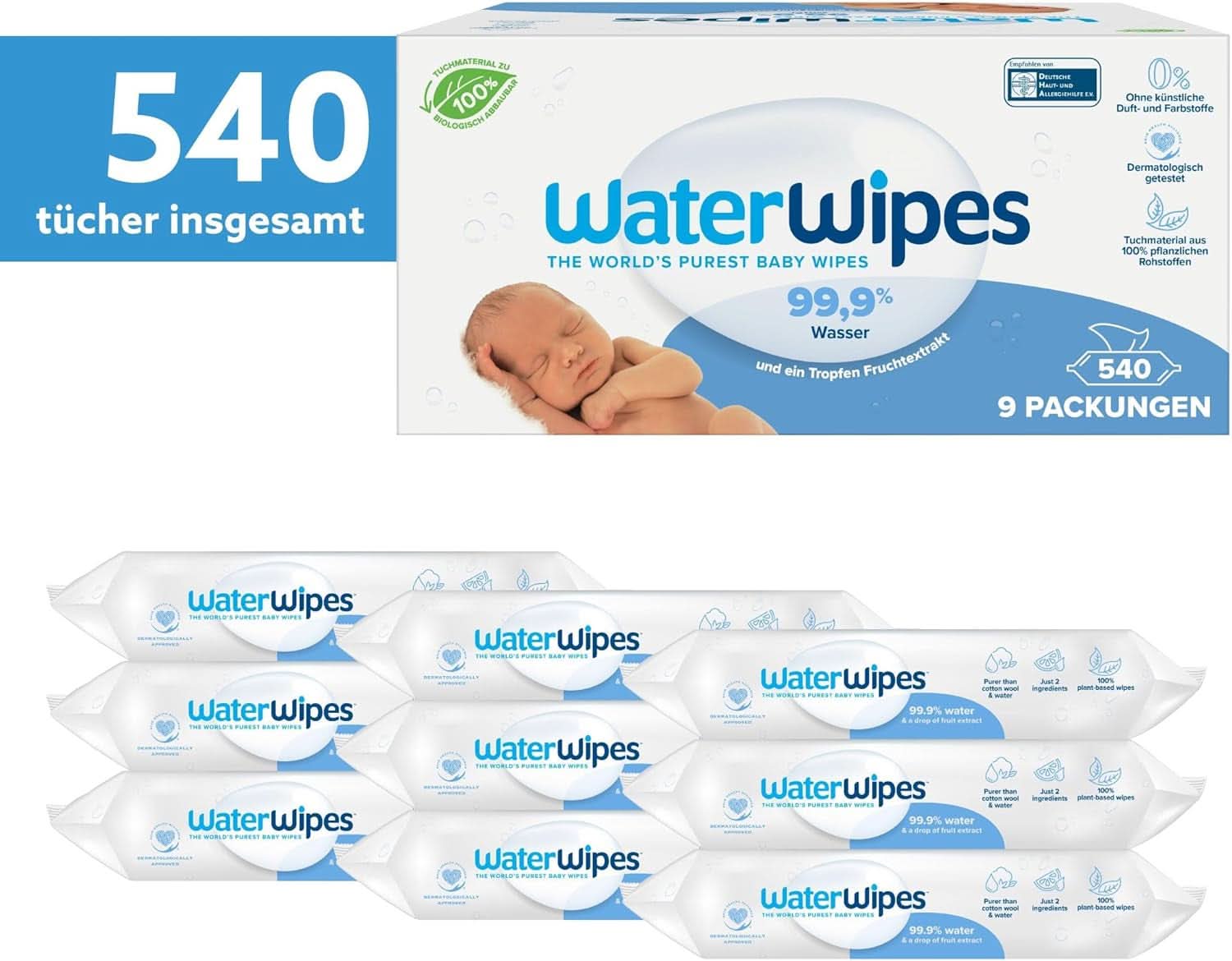 Waterwipes Plastikfreie, Originale Reinigungstücher Für Babys, 540 Stück (9 Packungen), 99,9 % Wasserbasierte Reingugnstücher, Unparfümiert Für Empfindliche Haut Naty Shop