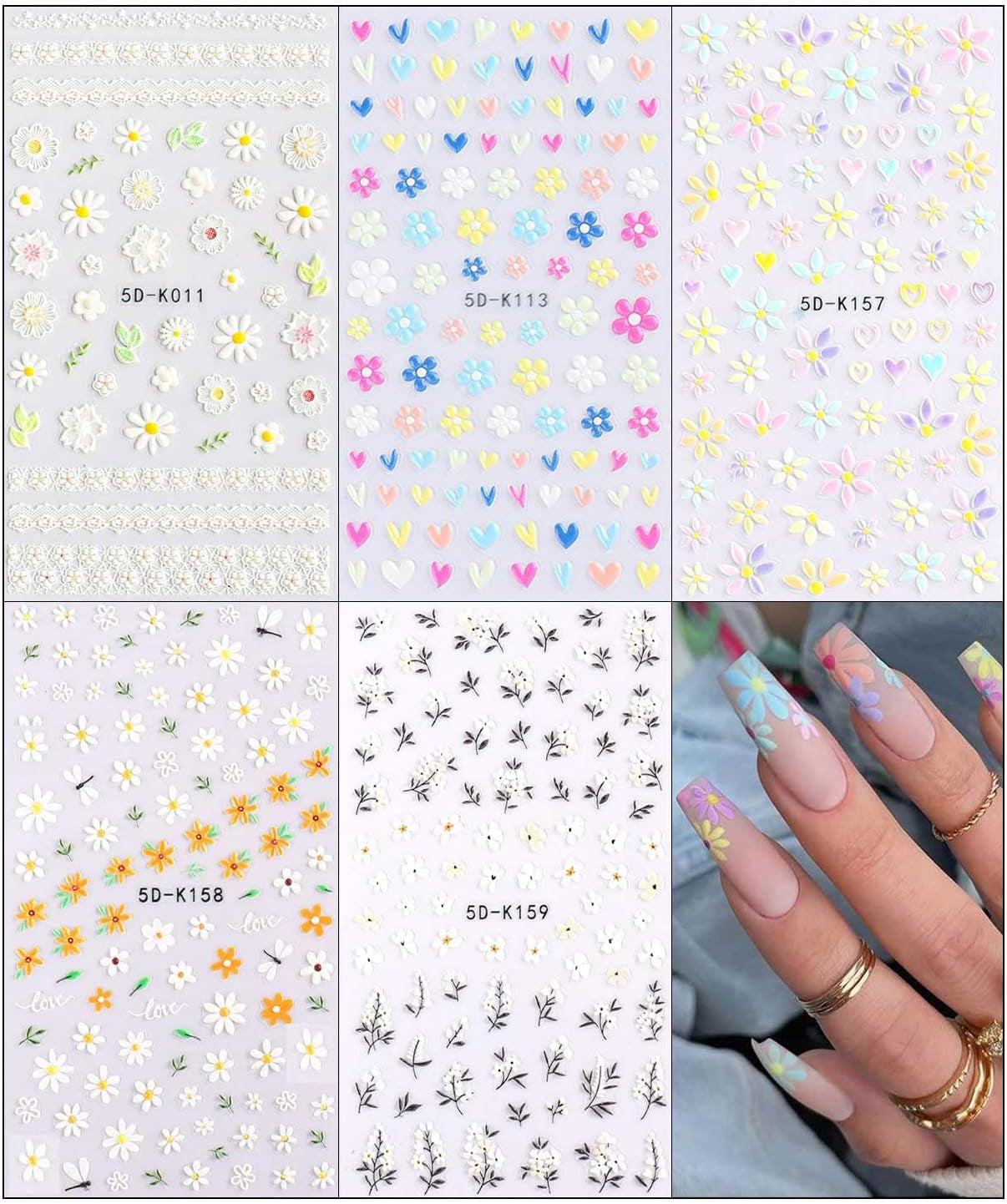 JMEOWIO 3D Nagelsticker Frühling Blumen 5 Blatt Nagelaufkleber 5D Stereoskopisch Selbstklebend Bunte Blüte Nail Art Sticker Décoration Nageldesign Zubehör