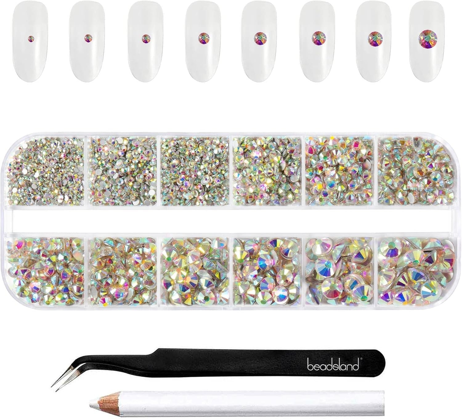 Beadsland 2500Pcs Glas Nailart Strasssteine Kristall Flatback Edelsteine Runde, ​​Für Handwerk Gemischt 8 Größen SS4 ~ SS30 Mit Picking Pinzette Und Stift (Kristall Weiss)