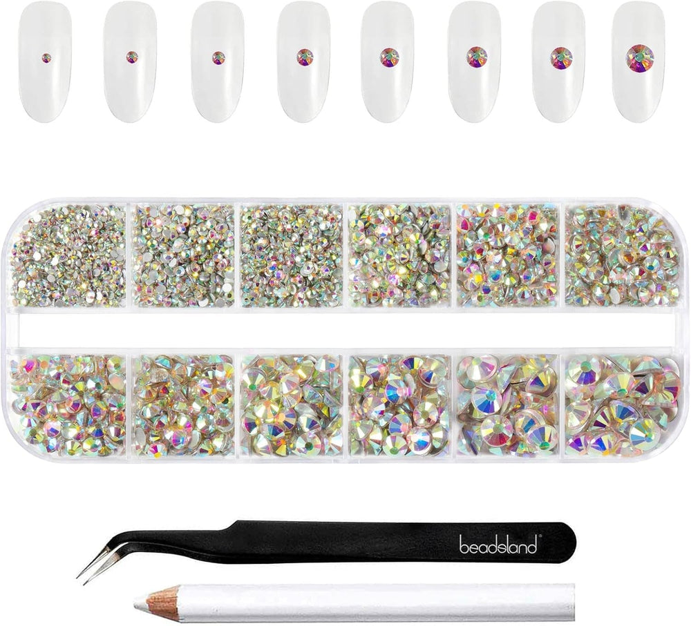 Beadsland 2500Pcs Glas Nailart Strasssteine Kristall Flatback Edelsteine Runde, ​​Für Handwerk Gemischt 8 Größen SS4 ~ SS30 Mit Picking Pinzette Und Stift (Kristall Weiss)